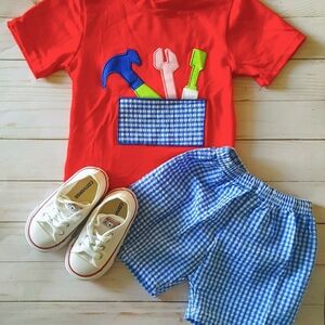 Boys Boutique Applique Embroidered Gingham Toolbox Shorts Set outfit